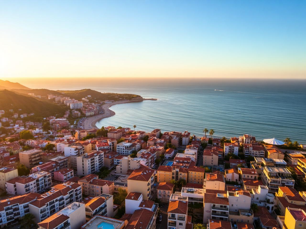 Vista aérea de ciudad costera con hoteles