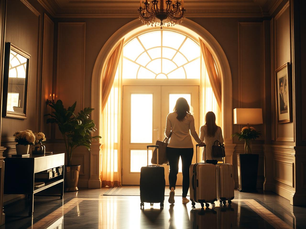 Huéspedes llegando al lobby de un hotel boutique