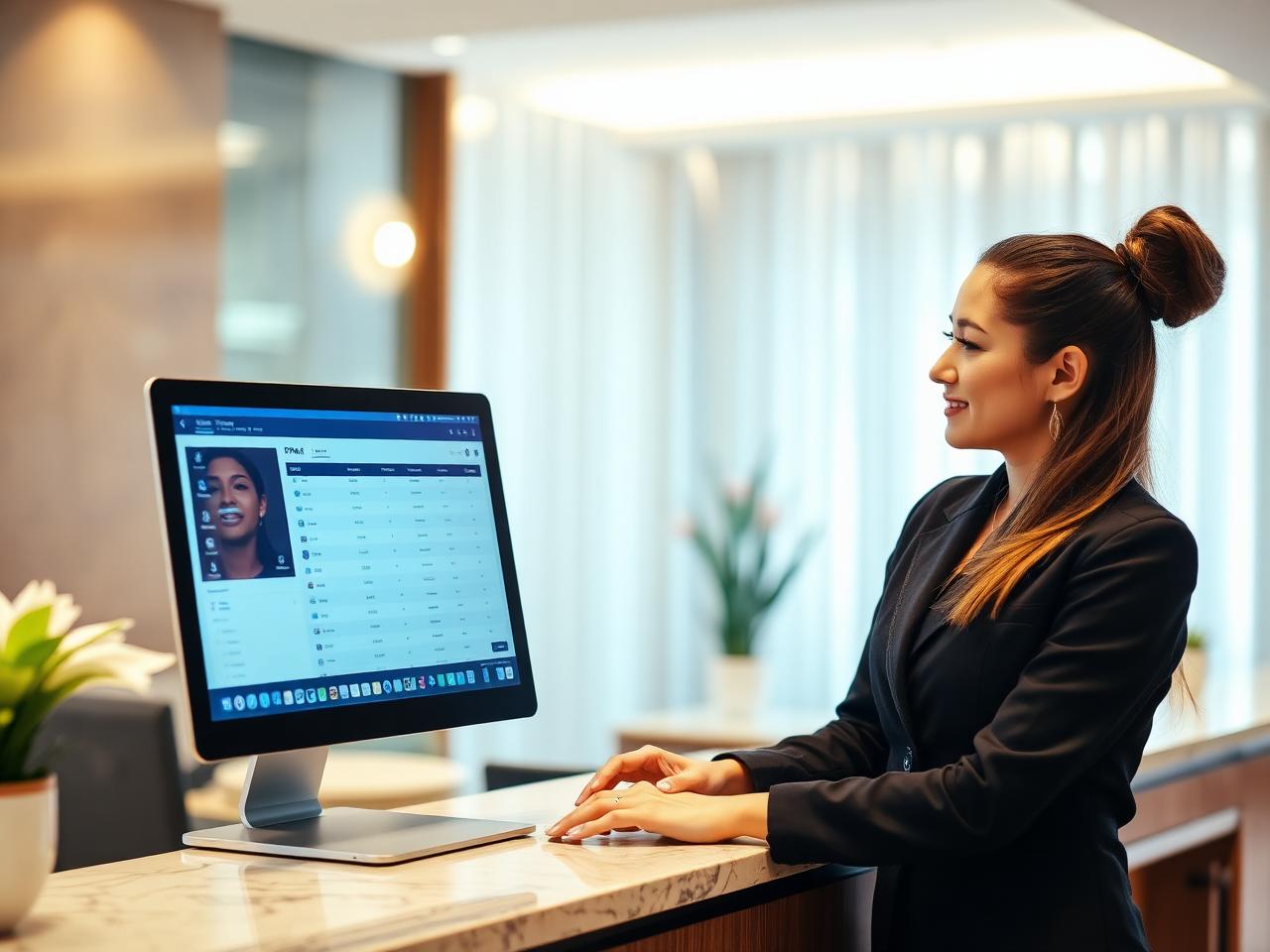 Recepcionista usando el PMS del hotel