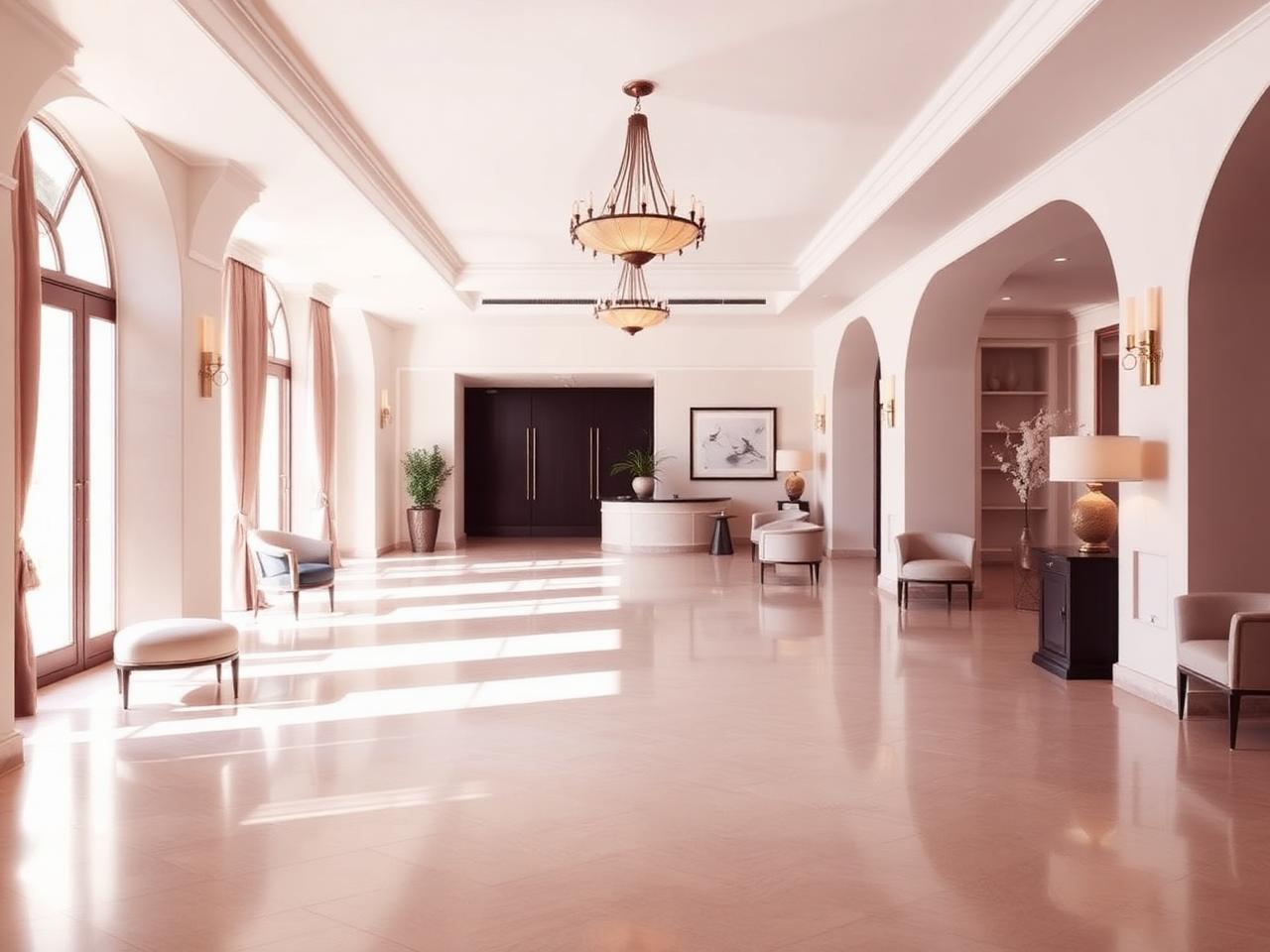 Lobby elegante de hotel boutique al amanecer